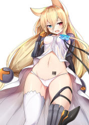 Rule 34 | 1girl, animal ears, arm behind back, asymmetrical legwear, barcode, barcode tattoo, blonde hair, blue eyes, blue flower, blush, breasts, commentary request, covered erect nipples, crotch seam, dress, fang, flower, from below, g41 (girls&#039; frontline), girls&#039; frontline, gluteal fold, hair between eyes, hand up, heterochromia, hip focus, long hair, looking at viewer, luse maonang, mismatched legwear, navel, open mouth, panties, photoshop (medium), simple background, small breasts, solo, tattoo, thighhighs, thighs, underwear, very long hair, wavy mouth, white background, white dress, white panties, white thighhighs
