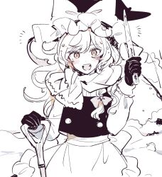 Rule 34 | 1girl, apron, bow, braid, commentary, gloves, hat, hat bow, highres, holding, icicle, kirisame marisa, long hair, long sleeves, looking at viewer, monochrome, mozukuzu (manukedori), open mouth, outdoors, shovel, side braid, single braid, smile, snowman, solo, symbol-only commentary, teeth, touhou, upper teeth only, waist apron, witch hat