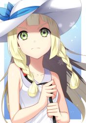 Rule 34 | 1girl, bad id, bad twitter id, blonde hair, blue background, braid, creatures (company), dress, frown, game freak, gradient background, green eyes, hat, highres, lillie (pokemon), long hair, nintendo, pokemon, pokemon sm, sleeveless, sleeveless dress, solo, sun hat, twin braids, upper body, v-shaped eyebrows, white dress, white hat, yuihico