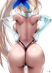 Rule 34 | 1girl, ass, ass focus, backboob, black panties, blonde hair, breasts, commentary request, cowboy shot, curvy, elbow gloves, female focus, frontal wedgie, gloves, hair ornament, highres, hip focus, huge ass, large breasts, long hair, mirai akari, mirai akari project, panties, side ponytail, sidelocks, simple background, solo, souryu, string panties, thong, topless, underwear, underwear only, very long hair, virtual youtuber, wedgie, white background, white gloves, wide hips