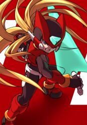 Rule 34 | 1boy, amidatto, blonde hair, boots, clenched teeth, helmet, holding, holding sword, holding weapon, male focus, mega man (series), mega man zero (series), ponytail, solo, standing, sword, teeth, weapon, z saber, zero(z) (mega man), zero (mega man)