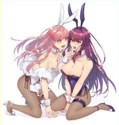 Rule 34 | 2girls, absurdres, animal ears, blush, bow, bowtie, breasts, cleavage, collarbone, detached collar, fake animal ears, fake tail, fate/grand order, fate (series), fishnet legwear, fishnets, fluffy, high heels, highres, holding another&#039;s head, kneeling, large breasts, bridal garter, leotard, medb (fate), medium breasts, multiple girls, official alternate costume, open mouth, pantyhose, pink hair, playboy bunny, rabbit ears, rabbit tail, scathach (fate), scathach (piercing bunny) (fate), simple background, strapless, strapless leotard, tail, tia (cocorosso), white background, wrist cuffs, yellow eyes