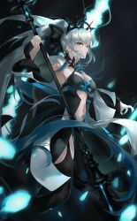 Rule 34 | 1girl, absurdres, black bow, black dress, black footwear, blue eyes, boots, bow, braid, breasts, center opening, cleavage, dress, fate/grand order, fate (series), french braid, grey hair, hair bow, highres, kanniiepan, large breasts, long hair, long sleeves, looking at viewer, morgan le fay (fate), navel, pelvic curtain, ponytail, sidelocks, solo, staff, stomach tattoo, tattoo, thigh boots, thighs, tiara, two-tone dress, very long hair, white dress, wide sleeves