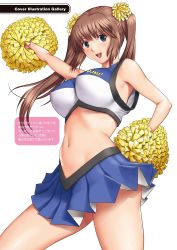Rule 34 | 1girl, action pizazz, arms up, blue eyes, breasts, brown hair, cheerleader, hand on own hip, highres, large breasts, long hair, looking at viewer, midriff, navel, open mouth, pleated skirt, pom pom (cheerleading), saigado, shiny skin, simple background, skirt, sleeveless, smile, solo, twintails, white background