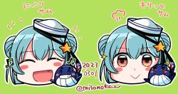Rule 34 | 1girl, black ribbon, blue hair, brown eyes, commentary request, dixie cup hat, double bun, facing viewer, green background, hair bun, hat, hat ribbon, head only, izumiyamisono, kantai collection, little blue whale (kancolle), looking at viewer, military hat, multiple views, ribbon, samuel b. roberts (kancolle), short hair, simple background, translation request, whale, white headwear