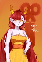 Rule 34 | 1girl, bad id, bad pixiv id, bare shoulders, breasts, colored sclera, colored skin, copyright name, demon girl, dress, female focus, grey skin, hand on own hip, hekapoo, horns, large breasts, long hair, looking at viewer, neck, orange background, orange eyes, pale skin, pointy ears, red hair, scissors, serious, solo, spines, sret, star vs the forces of evil, strapless, strapless dress, tiara, very long hair, yellow dress, yellow sclera