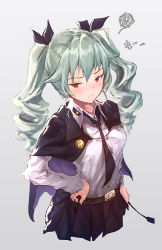 Rule 34 | 10s, 1girl, anchovy (girls und panzer), annoyed, bad id, bad pixiv id, belt, black skirt, blouse, blush, breasts, cape, commentary request, drill hair, girls und panzer, green hair, hair ribbon, hand on own hip, long hair, long sleeves, looking at viewer, pleated skirt, red eyes, ribbon, rorona s., school uniform, shirt, simple background, skirt, small breasts, solo, twin drills, twintails, upper body, white shirt