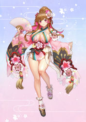Rule 34 | 1girl, absurdres, bare legs, braid, breasts, brown hair, cherry blossom print, cherry blossoms, cleavage, detached sleeves, floral print, flower, geta, hair flower, hair ornament, halterneck, hand fan, highres, japanese clothes, kimono, large breasts, original, pink eyes, platform clogs, ponytail, solo, thighs, y.i. (lave2217)