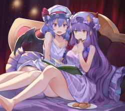 Rule 34 | 2girls, alternate eye color, bare legs, barefoot, bat wings, bed, blue bow, book, bow, cookie, crescent, crescent hair ornament, eating, falken (yutozin), food, hair between eyes, hair bow, hair ornament, hat, hat ribbon, highres, holding, holding food, indoors, long hair, mob cap, multiple girls, patchouli knowledge, pillow, pointy ears, purple hair, purple headwear, purple shirt, reading, red bow, red eyes, red ribbon, remilia scarlet, ribbon, shirt, short hair, sleeveless, striped clothes, striped shirt, touhou, undershirt, white headwear, white shirt, wings, yellow eyes