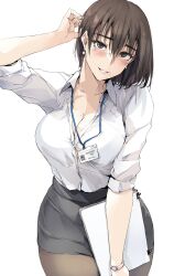 Rule 34 | 1girl, arm up, black pantyhose, black skirt, blush, breasts, brown eyes, brown hair, cleavage, collared shirt, cowboy shot, earrings, folder, grin, highres, holding, holding folder, id card, jewelry, lanyard, large breasts, looking at viewer, mole, mole on breast, mole under mouth, office lady, original, pantyhose, pearl earrings, pencil skirt, shirt, shirt tucked in, short hair, simple background, skirt, sleeves past elbows, smile, solo, teeth, watch, white background, white shirt, wristwatch, zekkyon
