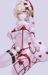 Rule 34 | 1girl, absurdres, alternate costume, bag, bell, belt, bikini, blonde hair, breasts, cross-laced clothes, cross-laced legwear, crossed bangs, flower, full body, genshin impact, grey background, hair flower, hair ornament, hat, highres, indol, large breasts, looking at viewer, lumine (genshin impact), neck bell, number tattoo, parted lips, red bikini, santa hat, seiza, short hair with long locks, sitting, solo, string bikini, swimsuit, tattoo, thigh belt, thigh strap, underboob, white wristband, wristband, yellow eyes