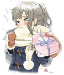 Rule 34 | 1girl, averting eyes, black hair, blush, coat, duffel coat, gift, gloves, grey eyes, grey hair, incoming gift, long hair, long sleeves, pom pom (clothes), renren, scarf, scarf over mouth, shy, signature, solo, spoken blush, upper body, valentine, white background, winter clothes