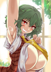 Rule 34 | 1girl, aoi manabu, areola slip, arm up, armpits, ascot, blush, breasts, green hair, grin, heavy breathing, huge breasts, kazami yuuka, open clothes, plaid, plaid vest, red eyes, short hair, smile, solo, sweat, touhou, vest, window