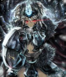 Rule 34 | 1girl, armor, artist name, blush, cameron johnson, dark-skinned female, dark skin, dated, fang, fur, glowing, glowing eyes, grey hair, hair between eyes, horns, latale, looking at viewer, navel, red eyes, single horn, solo, terror knight (latale), triangle mouth, two side up