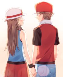 Rule 34 | 1boy, 1girl, blue pants, blue shirt, blush, brown eyes, brown hair, brown shirt, closed mouth, commentary request, creatures (company), from behind, game freak, gradient background, hat, holding hands, jacket, leaf (pokemon), long hair, nintendo, pants, pleated skirt, pokemon, pokemon frlg, red (pokemon), red headwear, red jacket, red skirt, scbstella, shirt, short hair, short sleeves, skirt, sleeveless, sleeveless jacket, sleeveless shirt, white headwear, wristband