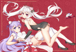 Rule 34 | 2girls, :t, absurdres, ahoge, animal, animal ears, azur lane, backless dress, backless outfit, bare back, bare legs, bare shoulders, barefoot, black bow, black dress, black footwear, black ribbon, blush, blush stickers, bow, box, breasts, bun cover, chain, china dress, chinese clothes, chocolate, chocolate on hand, closed mouth, commentary request, covered erect nipples, detached sleeves, double bun, dress, feet, food on hand, gift, gift box, hair bow, hair bun, hair ornament, heart, heart hair ornament, highres, holding hands, interlocked fingers, long hair, long sleeves, looking at viewer, lying, medium breasts, multiple girls, no panties, on back, panties, purple eyes, purple hair, red eyes, ribbon, shoes, short sleeves, side bun, silver hair, single side bun, small breasts, smile, strapless, strapless dress, thighhighs, tongue, tongue out, twintails, underwear, unicorn (azur lane), unicorn (the gift of spring) (azur lane), vampire (azur lane), vampire (the breath of spring) (azur lane), very long hair, white dress, white legwear, white panties, winged unicorn, wrist cuffs, yiyu qing mang