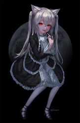 Rule 34 | 1girl, animal ear fluff, animal ears, bangosu, black background, black dress, black footwear, black jacket, black nails, cape, cat ears, cropped jacket, dress, empty eyes, frilled dress, frills, full moon, gothic lolita, hair between eyes, hand up, high heels, highres, index finger raised, jacket, lolita fashion, long hair, long sleeves, moon, nail polish, nora cat, nora cat channel, open clothes, open jacket, open mouth, palms, pantyhose, red eyes, saliva, saliva trail, shoes, silver hair, smile, solo, straight hair, twitter username, two side up, virtual youtuber, white pantyhose