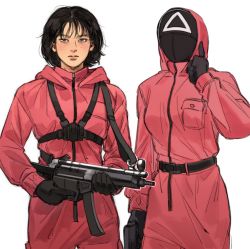 Rule 34 | 2girls, belt, black gloves, black mask, closed mouth, freckles, gloves, gun, h&amp;k mp5, highres, holding, holding gun, holding weapon, index finger raised, jumpsuit, long sleeves, looking at viewer, mask, medium hair, multiple girls, pink jumpsuit, sae-byeok, simple background, soldier (squid game), sonagee, squid game, submachine gun, trigger discipline, weapon, white background