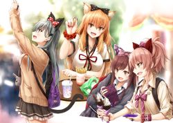 Rule 34 | 4girls, amusement park, animal ear fluff, animal ears, aqua eyes, aqua hair, backpack, bag, beige cardigan, black neckwear, black skirt, blonde hair, blush, bow, breasts, brown hair, camera, cardigan, casual, cat ears, cat tail, chips (food), collared shirt, commentary, crossover, cup, day, disneyland, fake animal ears, fake tail, fate/extra, fate/extra ccc, fate/extra ccc fox tail, fate (series), food, fox ears, grey cardigan, hair between eyes, hair bow, hair ornament, hairband, hairclip, holding, holding camera, holding food, ice cream cone, idolmaster, idolmaster cinderella girls, idolmaster shiny colors, jewelry, jougasaki mika, kantai collection, large breasts, long hair, looking at hands, looking at viewer, multiple girls, nail art, nail polish, neckerchief, necktie, open cardigan, open clothes, open mouth, osaki amana, outdoors, petticoat, pink hair, polka dot, polka dot bow, purple neckwear, red nails, remodel (kantai collection), ring, scrunchie, shirt, short sleeves, skirt, sleeves pushed up, smile, suien, suzuka gozen (fate), suzuya (kancolle), tail, waffle cone, wedding band, wing collar, wrist scrunchie, yellow eyes