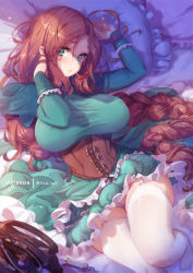 Rule 34 | 1girl, adjusting hair, arm up, braid, braided ponytail, breasts, corset, covered erect nipples, dress, feet, freckles, green dress, green eyes, large breasts, lips, long hair, looking at viewer, lying, messy hair, mitsu (mitsu art), on side, original, panties, panty peek, parted bangs, red hair, skindentation, solo, thick thighs, thigh gap, thighhighs, thighs, underwear, very long hair, white panties, white thighhighs