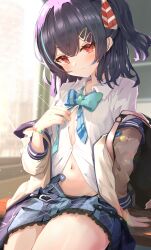 Rule 34 | 1girl, absurdres, black panties, blue hair, blue skirt, blush, breasts, closed mouth, dark blue hair, hair between eyes, hair ornament, hair ribbon, hairclip, highres, idolmaster, idolmaster shiny colors, jacket, long sleeves, looking at viewer, morino rinze, navel, no bra, off shoulder, official alternate costume, official alternate hairstyle, open clothes, open jacket, panties, pleated skirt, red eyes, ribbon, shirt, short hair, side ponytail, sitting, skirt, sky cappuccino, small breasts, smile, solo, unbuttoned, unbuttoned shirt, underwear, undressing, white shirt