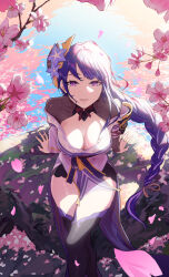 Rule 34 | 1girl, absurdres, braid, branch, breasts, cleavage, crossed legs, day, flower, from above, genshin impact, hair ornament, highres, japanese clothes, jhigf, kimono, large breasts, long hair, looking at viewer, low-braided long hair, low-tied long hair, mole, mole under eye, outdoors, purple eyes, purple kimono, raiden shogun, rock, sitting, solo, thighhighs