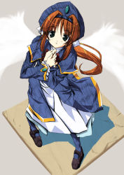 Rule 34 | 1girl, brown hair, capelet, dress, from above, full body, hands on own chest, hat, hikari (kono minikuku), hikari (kono minikuku mo utsukushii sekai), hikari (konomini), kono minikuku mo utsukushii sekai, konomini, long hair, long sleeves, looking at viewer, mary janes, pantyhose, shinya puu, shoes, solo, standing, wings