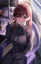 Rule 34 | 1girl, :o, absurdres, black jacket, black pants, blurry, bottle, breasts, brown hair, chair, commentary request, depth of field, glasses, gongha, hand up, highres, indoors, jacket, large breasts, long hair, long sleeves, looking at viewer, open mouth, original, pants, sitting, sleeves past wrists, solo, table, track jacket, track suit, window
