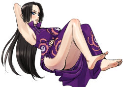 Rule 34 | 1girl, arm behind head, ass, barefoot, black hair, blue eyes, blush, boa hancock, breasts, dress, feet, hand on own stomach, large breasts, long hair, looking at viewer, one piece, parted lips, soles, toes