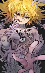 Rule 34 | 1boy, black background, blonde hair, body horror, extra eyes, extra hands, frill inferno, grabbing another&#039;s hair, highres, horror (theme), looking at viewer, male focus, open mouth, pppppp, reaching, reaching towards viewer, solo, sonoda lucky, symbol-shaped pupils, yellow eyes