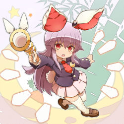 Rule 34 | 1girl, animal ears, arm up, bamboo, blush, brown footwear, carrot, commentary request, crescent, crescent pin, full body, highres, holding, holding weapon, komito, loafers, long hair, long sleeves, looking at viewer, lunatic gun, open mouth, pink skirt, pleated skirt, purple hair, rabbit ears, rabbit girl, rabbit tail, red eyes, red neckwear, reisen udongein inaba, shoes, sidelocks, skirt, solo, standing, standing on one leg, star (symbol), tail, thighhighs, touhou, weapon, white thighhighs