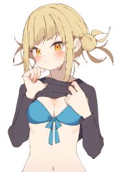 Rule 34 | 1girl, absurdres, bad id, bad twitter id, bikini, bikini under clothes, black shirt, blonde hair, blue bikini, blush, boku no hero academia, breasts, cleavage, clothes lift, commentary, double bun, eyes visible through hair, front-tie bikini top, front-tie top, hair bun, hands up, highres, long sleeves, looking at viewer, medium breasts, messy hair, nail polish, navel, numbered, parted lips, pink nails, rasusurasu, shirt, shirt lift, short hair with long locks, sidelocks, simple background, solo, swimsuit, toga himiko, tsurime, upper body, white background, yellow eyes