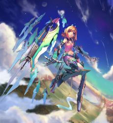 Rule 34 | 1girl, above clouds, armor, blonde hair, blue sky, buttons, cloud, crescent, crop top, floating, floating object, flying, gradient sky, headgear, highres, horizon, lake, landscape, looking at viewer, mecha musume, mechanical arms, mechanical parts, midriff, mountain, navel, night, night sky, original, outstretched arms, purple eyes, river, shooting star, short hair, sky, smile, solo, star (sky), sunga2usagi
