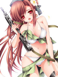 Rule 34 | 1girl, assault rifle, bikini, blush, breasts, brown hair, bullpup, cleavage, flower, gun, hair flower, hair ornament, hat, highres, long hair, looking at viewer, monety, navel, open mouth, original, red eyes, rifle, sarong, solo, strap, swimsuit, thigh strap, weapon