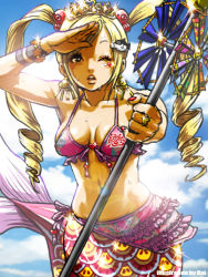 Rule 34 | 1girl, arm up, bad id, bad pixiv id, bikini, blonde hair, breasts, brown eyes, daichan mona, day, drill hair, frilled bikini, frills, front-tie top, hair ornament, hot, jewelry, large breasts, lens flare, mermaid, monster girl, nail polish, one eye closed, parted lips, pinwheel, red nails, ring, scales, shading eyes, sky, solo, staff, sweat, swimsuit, tiara, twintails, wink