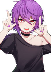 Rule 34 | 1girl, 5danny1206, absurdres, black choker, black shirt, choker, facial mark, hair between eyes, hands up, highres, looking at viewer, loose clothes, loose shirt, nail polish, off shoulder, open mouth, original, purple hair, purple nails, red eyes, shirt, short hair, short sleeves, simple background, solo, t-shirt, teeth, upper teeth only, white background