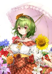 Rule 34 | 1girl, adapted costume, bare shoulders, blue flower, blush, breasts, collarbone, commentary request, cowboy shot, criss-cross halter, flower, green hair, hair between eyes, hairband, halterneck, highres, holding, holding umbrella, kazami yuuka, large breasts, leaf, long sleeves, looking at viewer, off-shoulder shirt, off shoulder, orange flower, pink flower, pink umbrella, plaid, plaid skirt, puffy sleeves, red eyes, red flower, red rose, red skirt, ribbon, rose, shironeko yuuki, shirt, short hair, simple background, skirt, smile, solo, sunflower, touhou, umbrella, white background, white flower, white shirt, yellow flower, yellow hairband, yellow ribbon