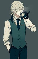 Rule 34 | 1boy, brand name imitation, coffee, edmond dantes (fate), fate/grand order, fate (series), glasses, gloves, grey background, hand in pocket, highres, jacket, male focus, simple background, smoking, solo, starbucks, syubare, wavy hair, white hair, yellow eyes