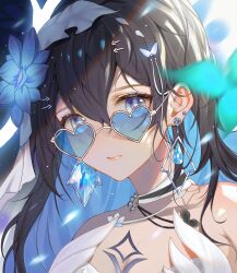 Rule 34 | 1girl, absurdres, antlers, bare shoulders, black hair, blue eyes, blue flower, blue hair, breasts, chinese commentary, choker, cleavage, closed mouth, colored inner hair, commentary request, earrings, fake antlers, flower, hair between eyes, hair flower, hair ornament, heart, heart-shaped eyewear, highres, honkai (series), honkai impact 3rd, horns, jewelry, large breasts, long hair, looking at viewer, multicolored hair, portrait, qiuqiuku, seele vollerei, seele vollerei (herrscher of rebirth), sidelocks, single antler, solo, white choker