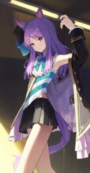 Rule 34 | 1girl, animal ears, aqua bow, armpits, arms up, black jacket, black skirt, bow, commentary request, ear bow, feet out of frame, frilled jacket, frills, highres, horse ears, horse girl, horse tail, jacket, looking at viewer, mejiro mcqueen (umamusume), ningen gokko, open clothes, open jacket, pleated skirt, purple eyes, purple hair, shirt, skirt, sleeveless, sleeveless shirt, solo, striped clothes, striped shirt, tail, umamusume