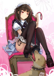 Rule 34 | 1girl, bdsm, black thighhighs, blunt bangs, brown hair, chair, closed eyes, collar, dog, expressionless, femdom, full body, heart, high heels, leash, leash pull, licking, licking foot, long hair, maid, maid headdress, original, red eyes, sidelocks, sitting, solo, spiked collar, spikes, thighhighs, tongue