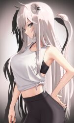 Rule 34 | 1girl, alternate costume, animal ears, arched back, black pants, breasts, collarbone, grey eyes, hand on own ass, highres, hololive, large breasts, leggings, lion ears, lion girl, lion tail, long hair, looking at viewer, low-cut armhole, navel, pants, shirt, shishiro botan, simple background, solo, sports bra, sportswear, standing, tail, tank top, thomas 8000, tied shirt, very long hair, virtual youtuber, white hair, white shirt, white tank top, yoga pants