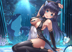 Rule 34 | 1girl, :d, ahoge, arm support, bare shoulders, beach, blue eyes, blunt bangs, blush, bracelet, breasts, bridal gauntlets, bubble, cave, cleavage, cleavage cutout, clothing cutout, commentary request, day, hair rings, highres, jewelry, long hair, looking at viewer, medium breasts, o-ring, open mouth, orca, original, pointy ears, purple hair, sitting, sleeveless, smile, solo, stirrup legwear, straight hair, tareme, thighs, toeless legwear, underwater, very long hair, wariza, water, whistle, whistle around neck, yuririn poi