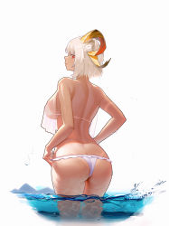 Rule 34 | 1girl, absurdres, animal ears, arknights, ass, back, bare arms, bare back, bare shoulders, bikini, bikini tan, breasts, carnelian (arknights), chinese commentary, closed mouth, commentary request, cowboy shot, dark-skinned female, dark skin, from behind, goat ears, goat girl, goat horns, hands on own hips, highres, horns, large breasts, looking at viewer, looking back, red eyes, see-through, short hair, simple background, solo, standing, string bikini, swimsuit, ta03545, tan, tanline, thighs, wading, water, white background, white bikini, white hair