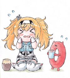 Rule 34 | &gt; &lt;, 1girl, blonde hair, blue shirt, blush, breast pocket, breasts, chibi, closed eyes, colored eyelashes, cup, enemy lifebuoy (kancolle), flying sweatdrops, gambier bay (kancolle), gloves, hairband, headgear, holding, holding cup, kantai collection, long hair, medium breasts, open mouth, pocket, poipoi purin, shirt, short sleeves, shorts, simple background, sitting, tears, thighhighs, twintails