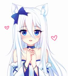 Rule 34 | 1girl, animal ears, animated, animated gif, bare shoulders, blue eyes, blush, bow, bracelet, cat ears, choker, collarbone, detached sleeves, dress, hair between eyes, hair bow, heart, jewelry, looking at viewer, nami (nyaa), original, own hands together, parted lips, simple background, sleeveless, sleeveless dress, white background, white dress, white hair, wide sleeves