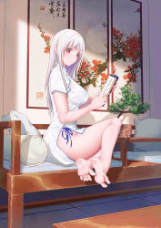 1girl barefoot china_dress chinese_clothes dress feet highres light_blush long_hair looking_at_viewer red_eyes soles toes wcks0774 white_hair