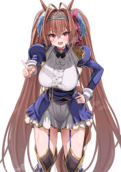 Rule 34 | 1girl, :d, absurdres, animal ears, antenna hair, blue jacket, blue skirt, blush, boots, bow, breasts, brown hair, center frills, commentary request, daiwa scarlet (umamusume), epaulettes, fang, frills, garter straps, hair between eyes, hair bow, hair intakes, hand on own hip, highres, horse ears, jacket, juliet sleeves, knee boots, large breasts, long hair, long sleeves, looking at viewer, open mouth, outstretched arm, pizzasi, puffy sleeves, red bow, red eyes, revision, shirt, simple background, skirt, smile, solo, sweat, tiara, twintails, umamusume, v-shaped eyebrows, very long hair, white background, white footwear, white shirt