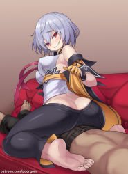 Rule 34 | 1boy, 1girl, ass, bare shoulders, barefoot, blue hair, breasts, brown background, butt crack, cameltoe, commentary request, couch, detached sleeves, feet, girls&#039; frontline, grin, large breasts, looking at viewer, poorgom, red eyes, short hair, simple background, sitting, smile, soles, solo focus, thompson (girls&#039; frontline), toes, wariza
