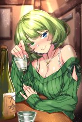 Rule 34 | 1girl, bare shoulders, blue eyes, bottle, breasts, cleavage, cross, cross necklace, cup, green eyes, green hair, green sweater, head tilt, heterochromia, highres, holding, holding cup, idolmaster, idolmaster cinderella girls, indoors, jewelry, latin cross, light particles, medium breasts, mole, mole under eye, necklace, off-shoulder, off-shoulder sweater, off shoulder, ribbed sweater, sake bottle, shirokuma a, short hair, sitting, smile, solo, sweater, swept bangs, takagaki kaede